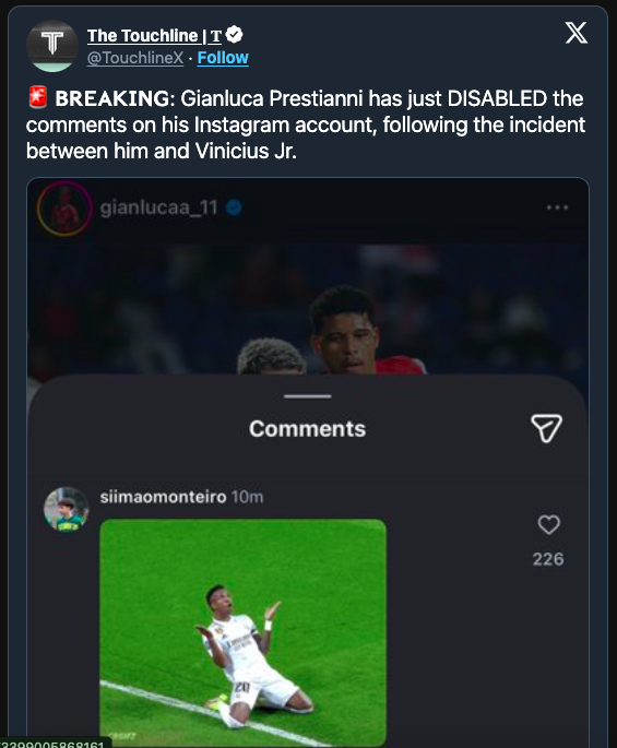 Gianluca Prestianni Takes Immediate Action Following Incident With Vini Jr